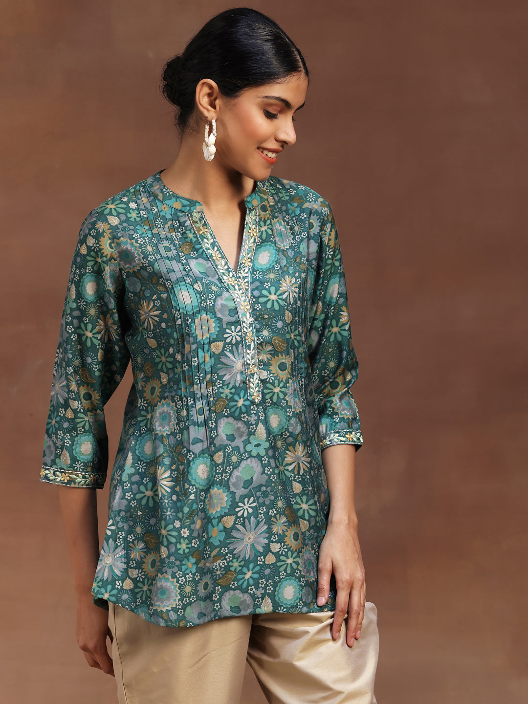 Green Printed Silk Blend A-Line Kurti