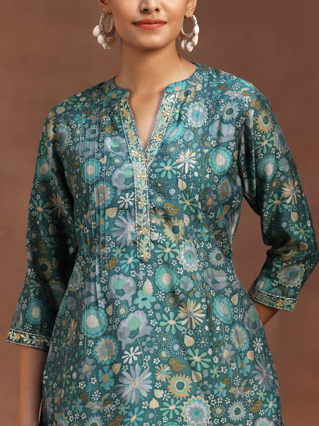 Green Printed Silk Blend A-Line Kurti