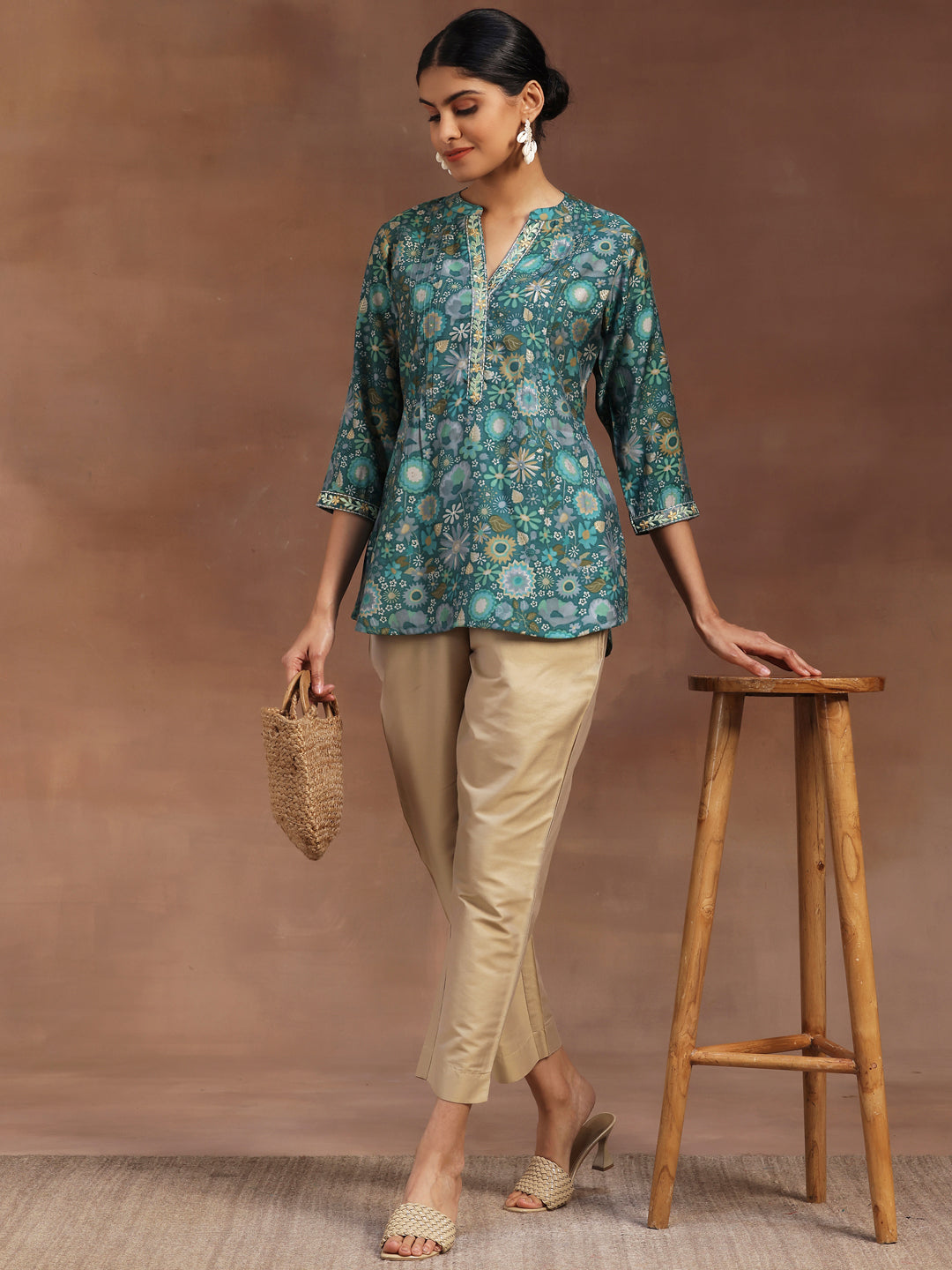 Green Printed Silk Blend A-Line Kurti