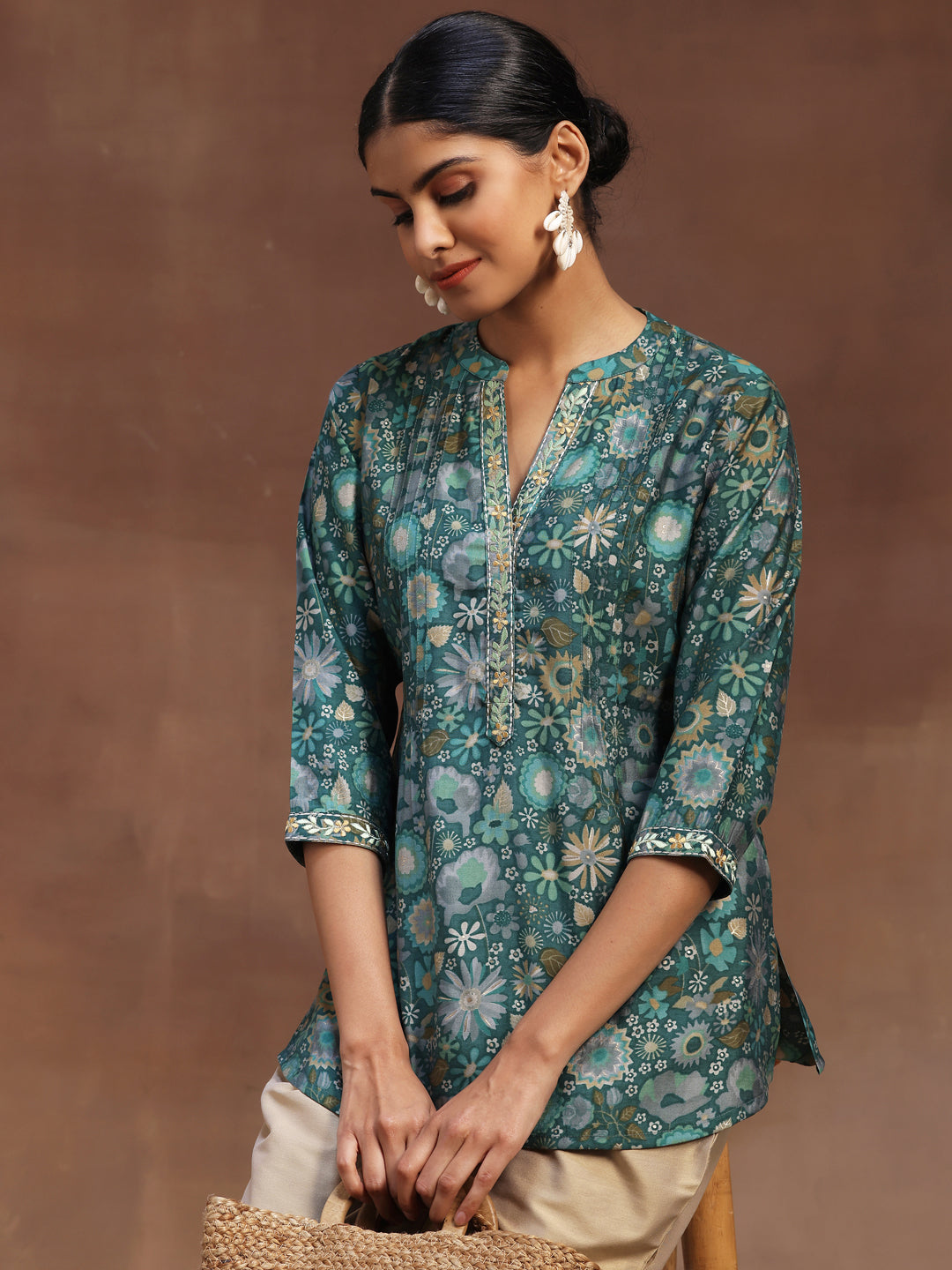 Green Printed Silk Blend A-Line Kurti