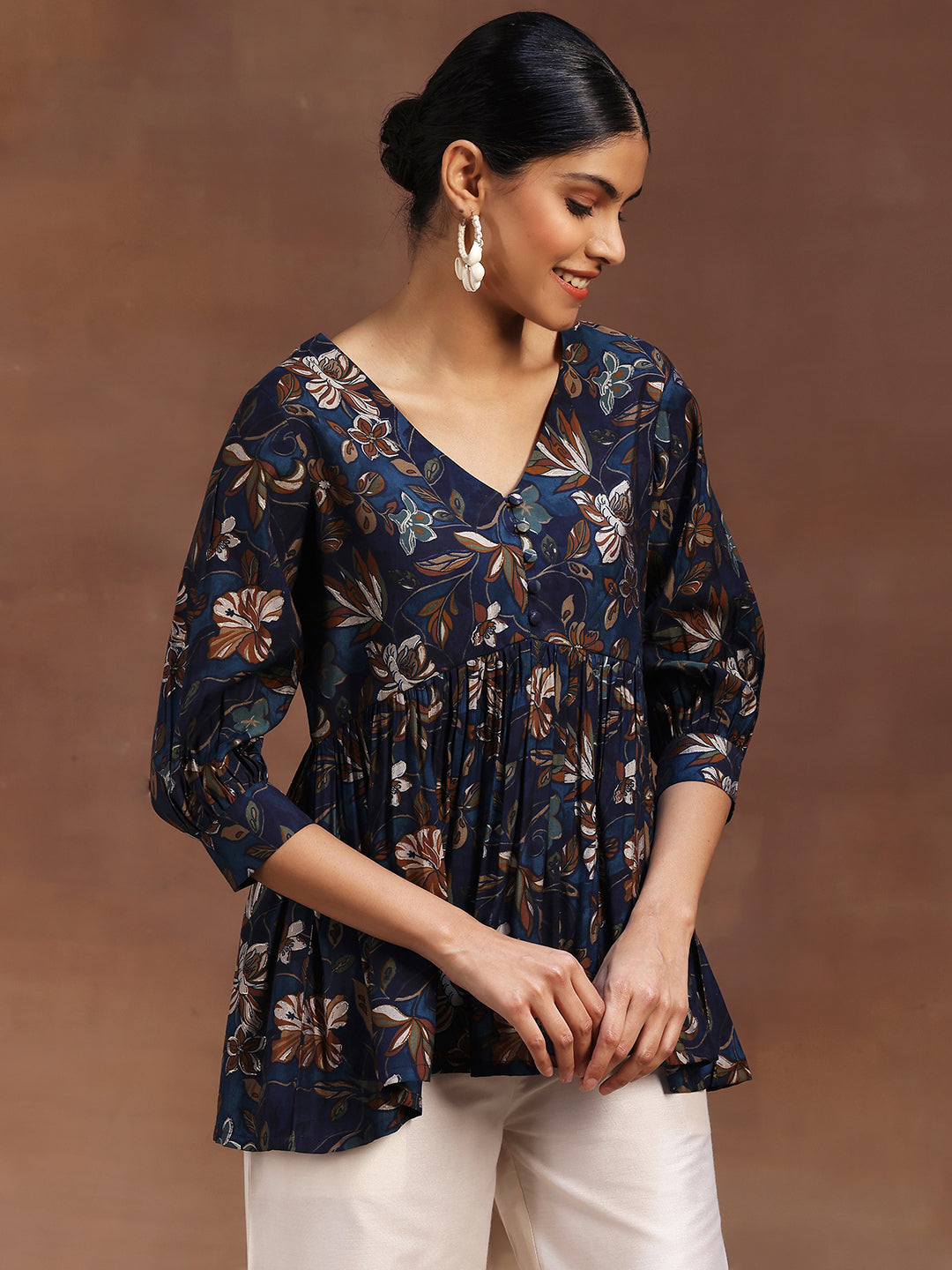 Blue Printed Silk Blend A-Line Kurti