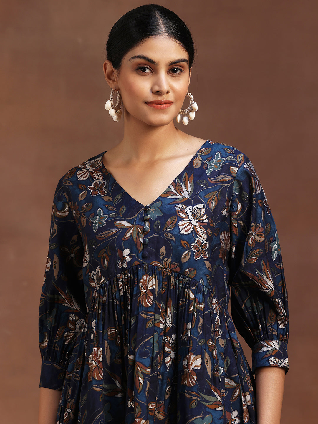 Blue Printed Silk Blend A-Line Kurti