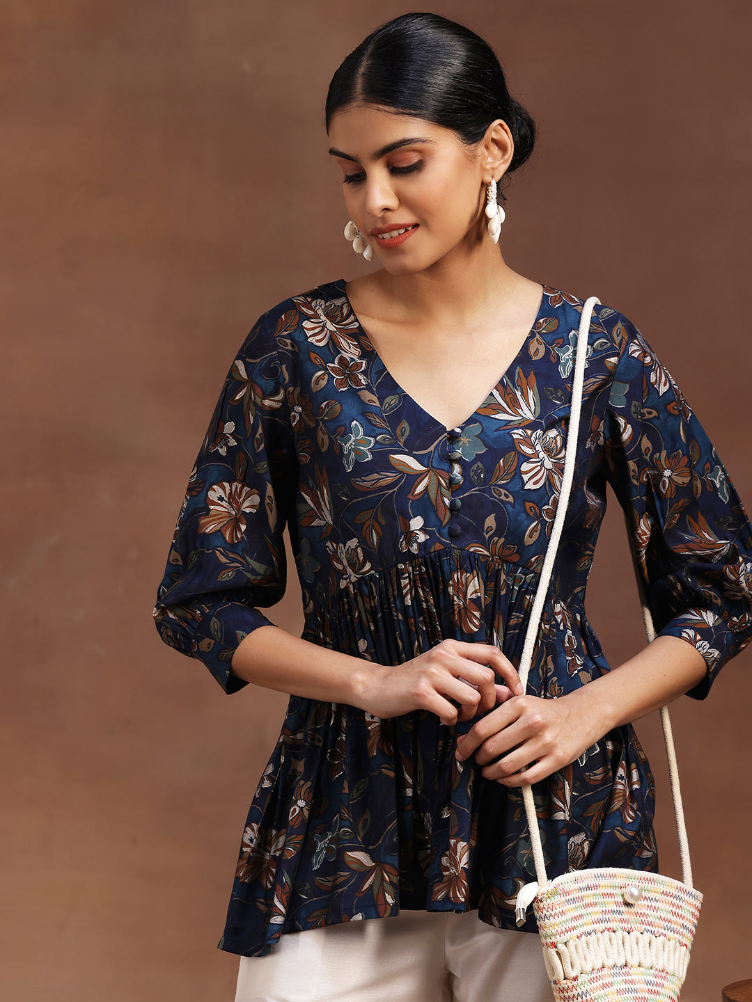 Blue Printed Silk Blend A-Line Kurti