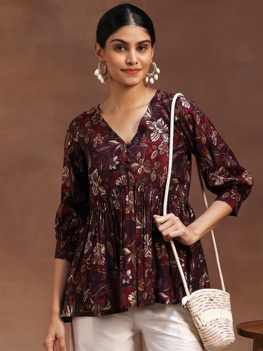 Wine Printed Silk Blend A-Line Kurti