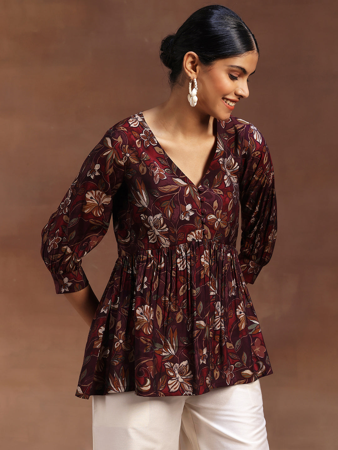 Wine Printed Silk Blend A-Line Kurti