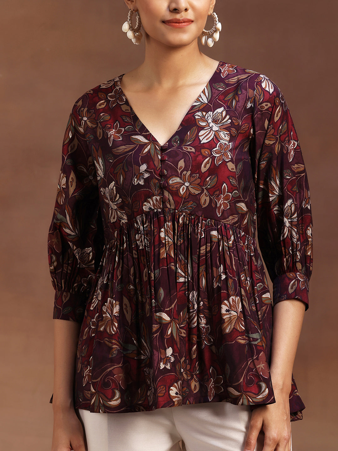 Wine Printed Silk Blend A-Line Kurti