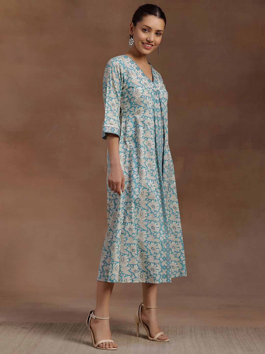 Blue Printed Cotton A-Line Dress