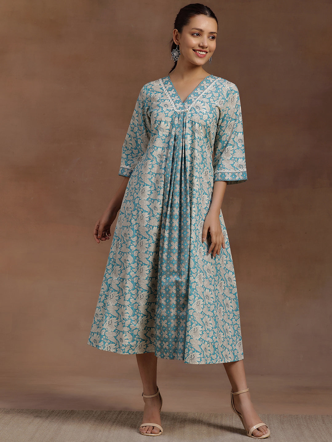 Blue Printed Cotton A-Line Dress