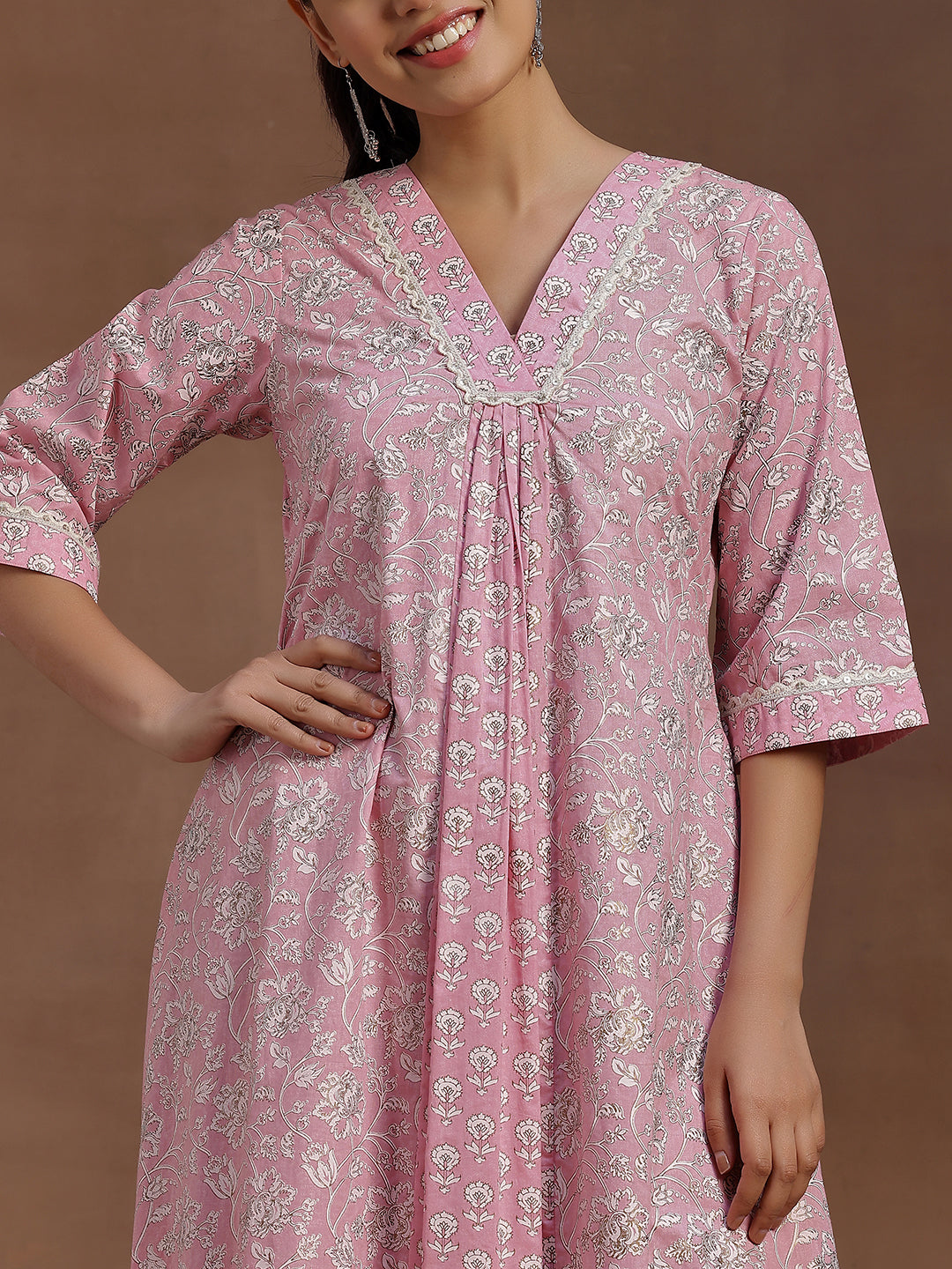 Pink Printed Cotton A-Line Dress