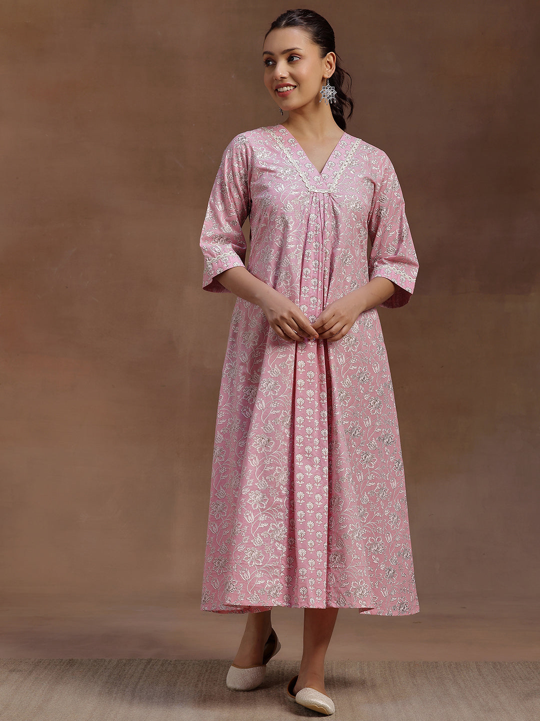 Pink Printed Cotton A-Line Dress