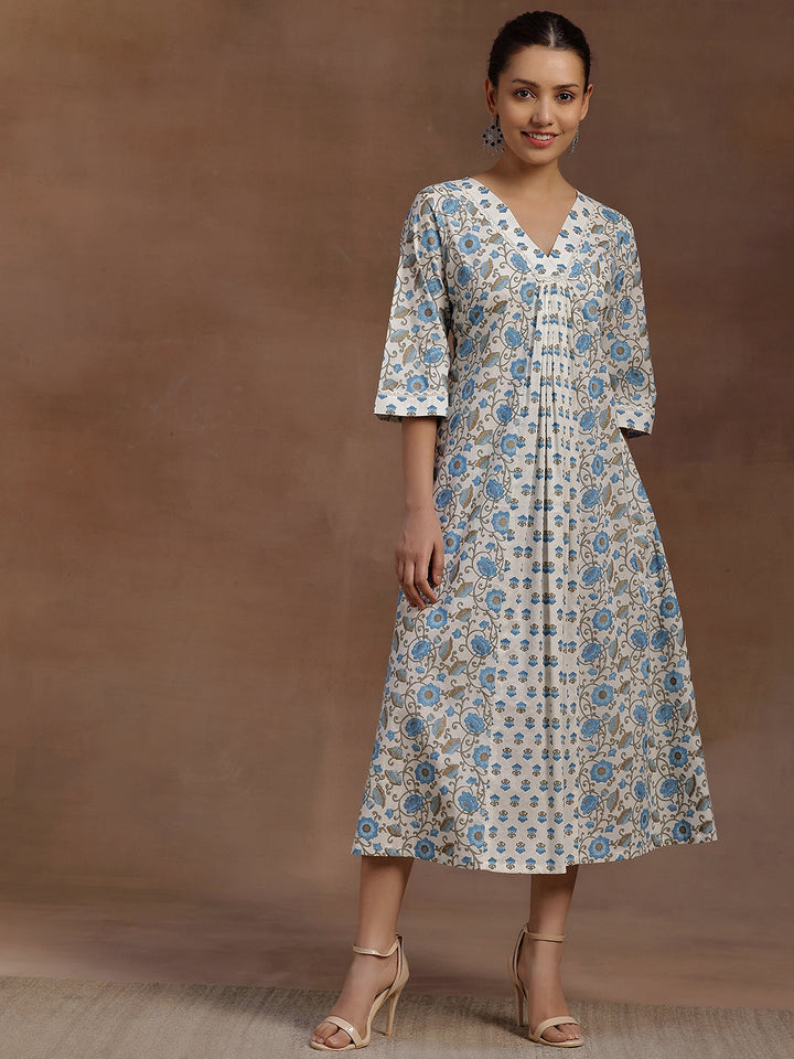 Blue Printed Cotton A-Line Dress