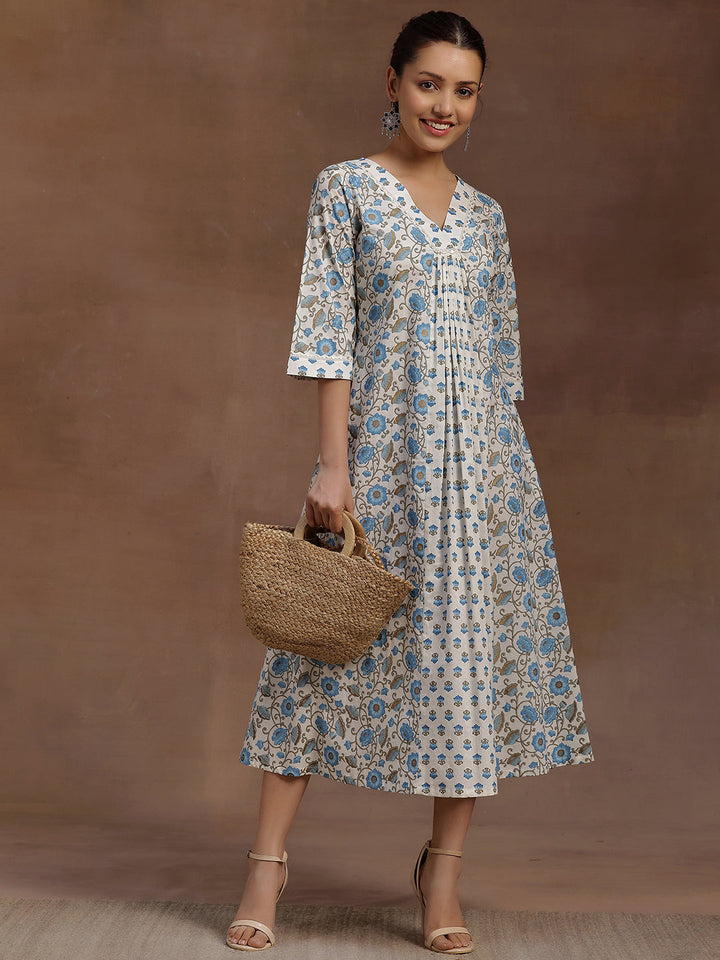 Blue Printed Cotton A-Line Dress