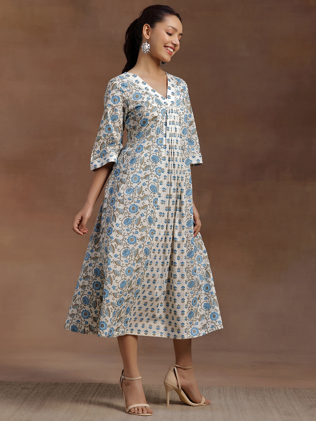 Blue Printed Cotton A-Line Dress