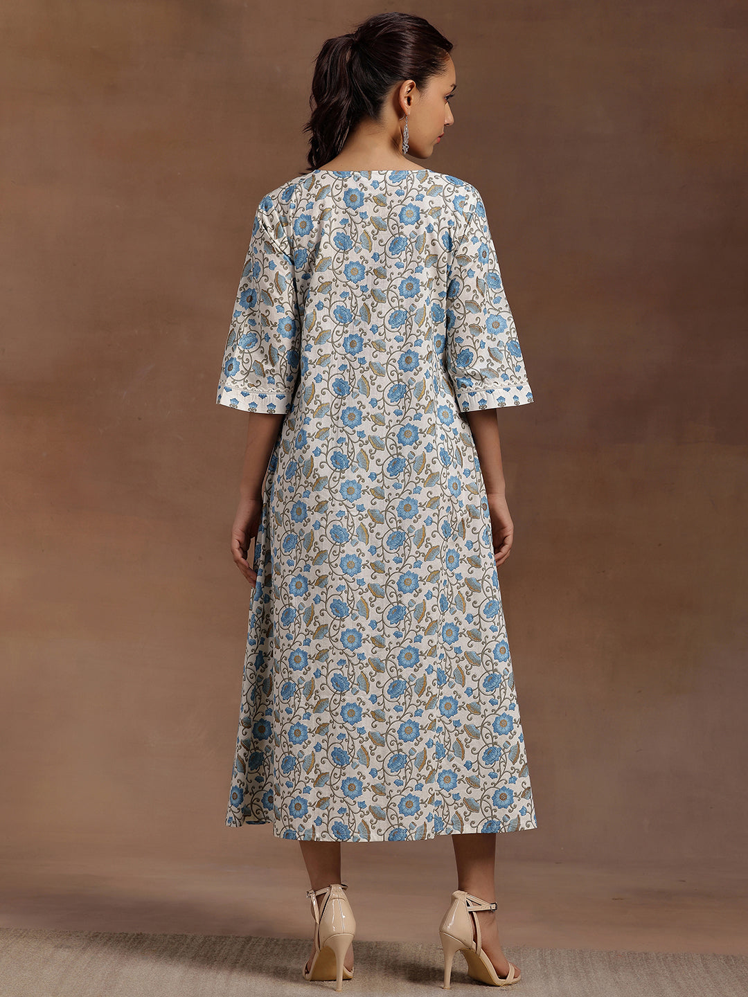 Blue Printed Cotton A-Line Dress