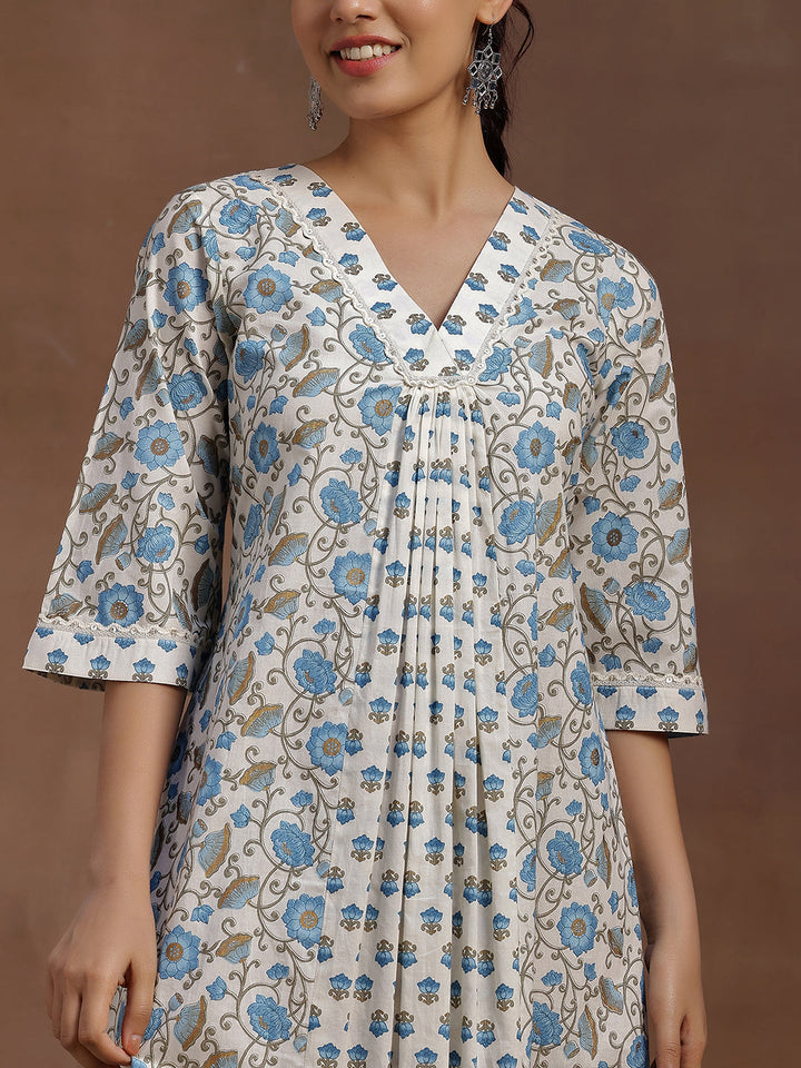 Blue Printed Cotton A-Line Dress