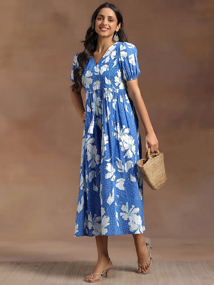 Blue Printed Cotton Fit and Flare Dress