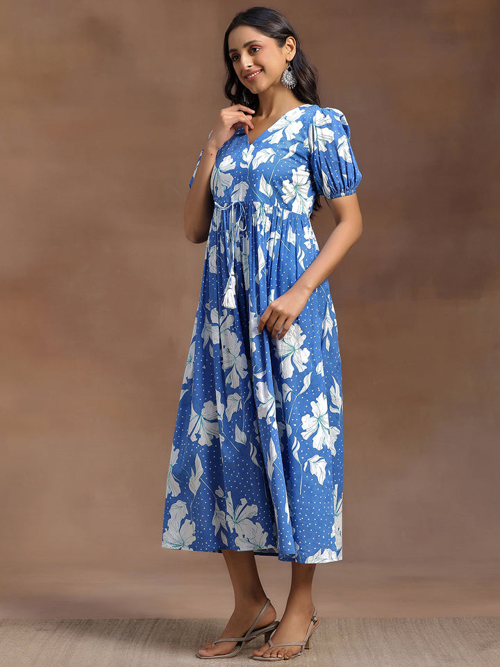 Blue Printed Cotton Fit and Flare Dress