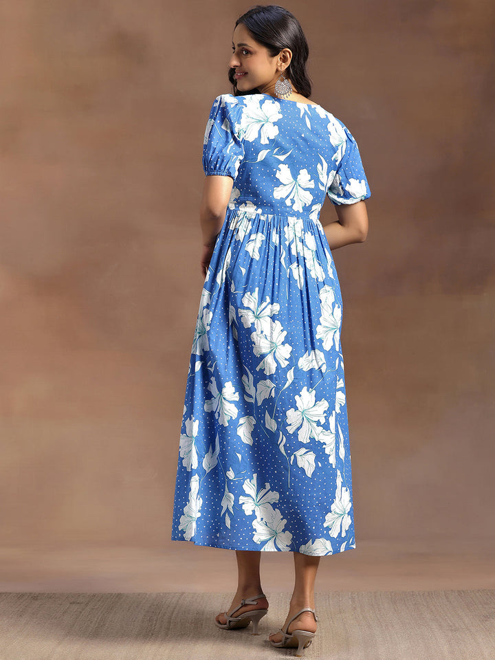 Blue Printed Cotton Fit and Flare Dress