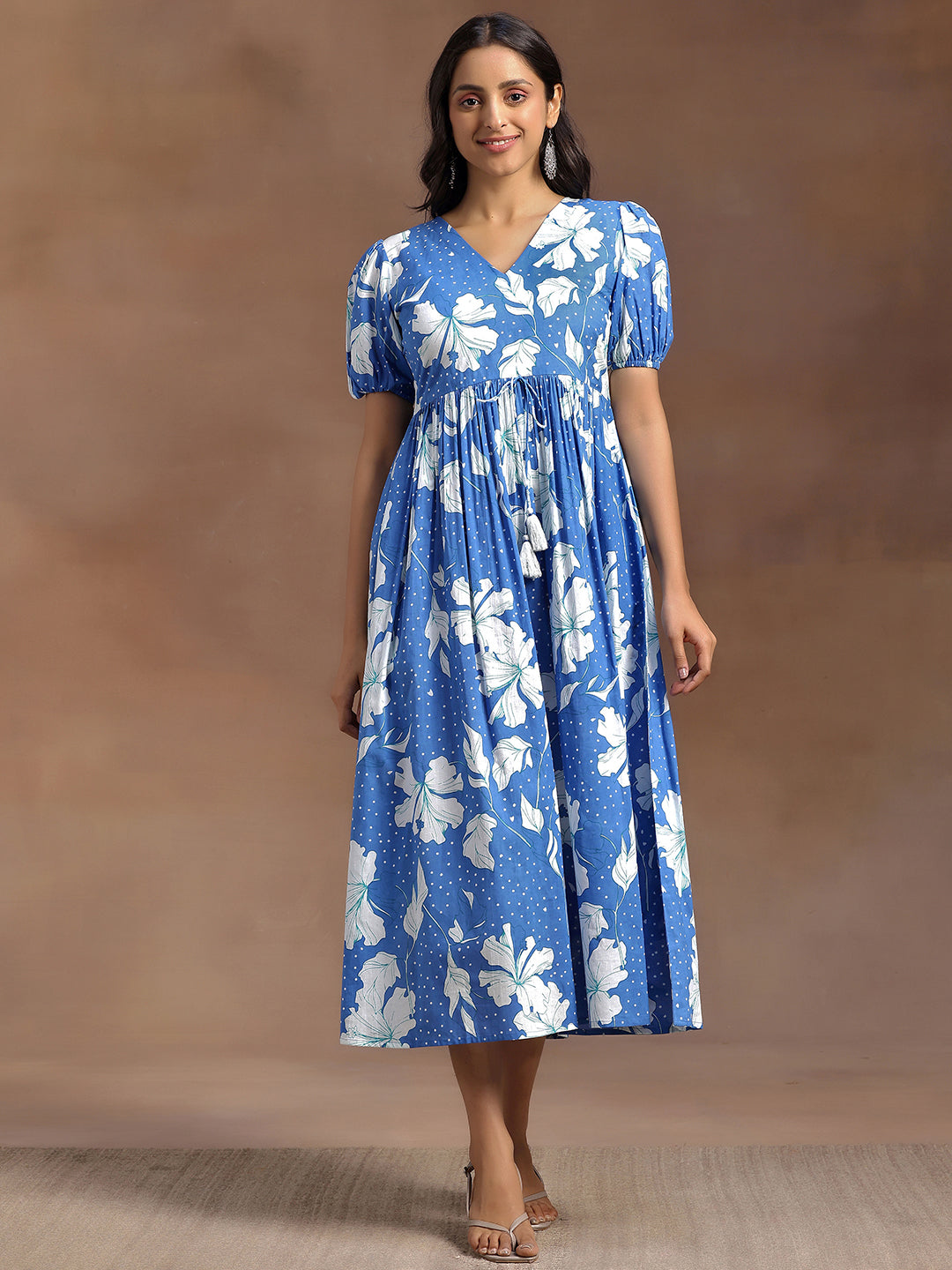 Blue Printed Cotton Fit and Flare Dress