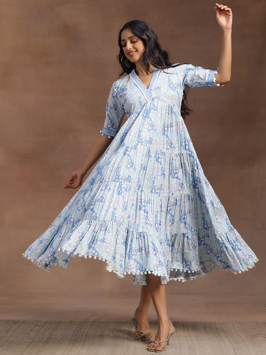 Blue Printed Cotton A-Line Dress