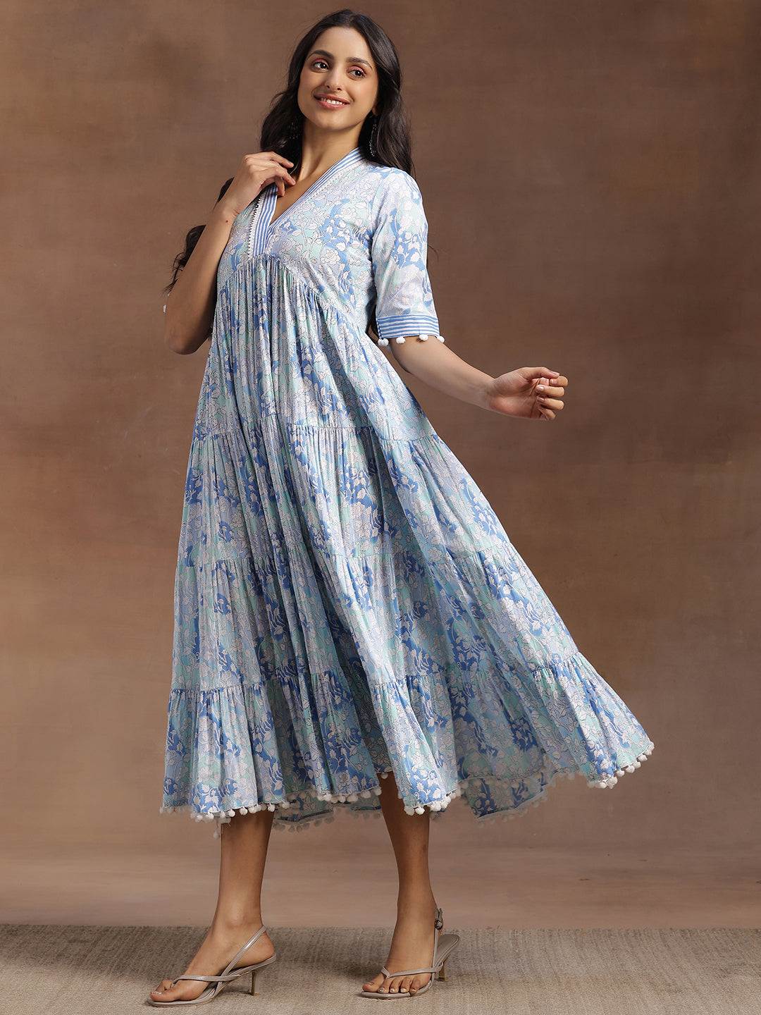 Blue Printed Cotton A-Line Dress