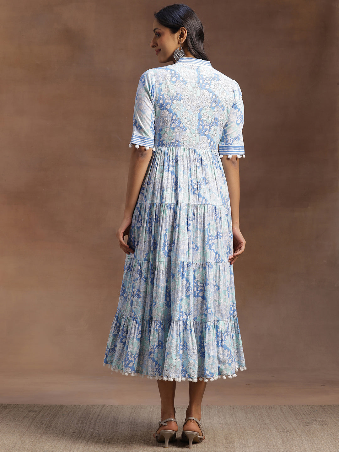 Blue Printed Cotton A-Line Dress