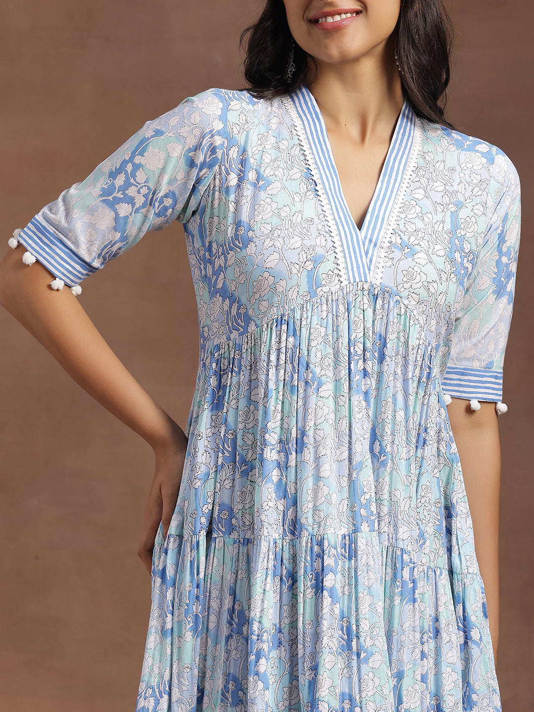 Blue Printed Cotton A-Line Dress