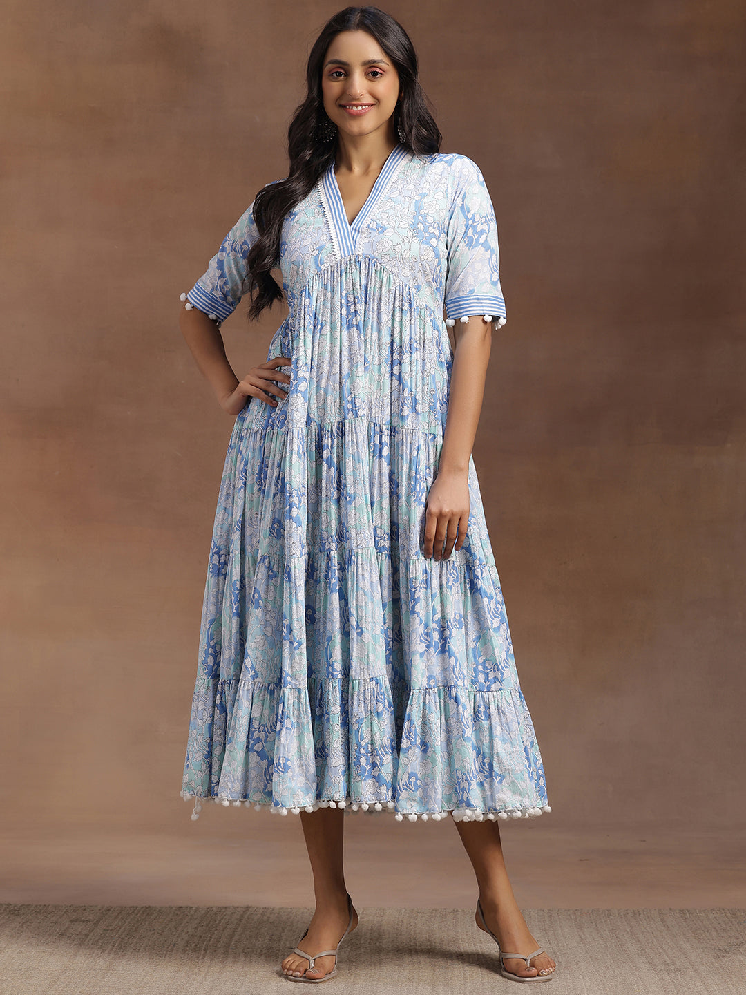 Blue Printed Cotton A-Line Dress