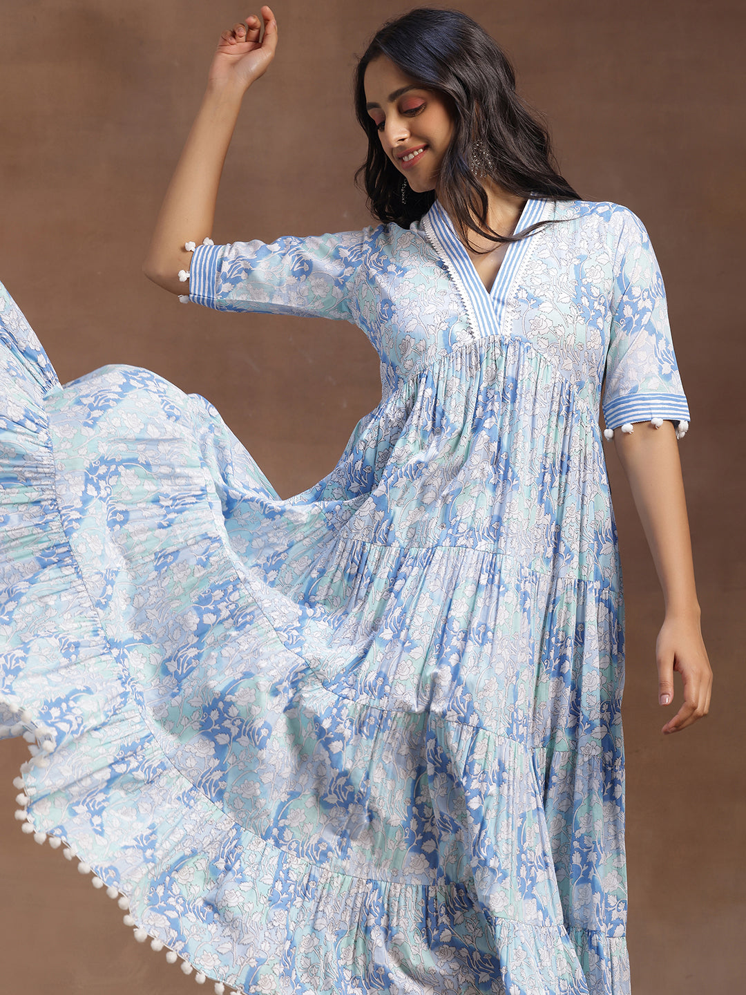 Blue Printed Cotton A-Line Dress