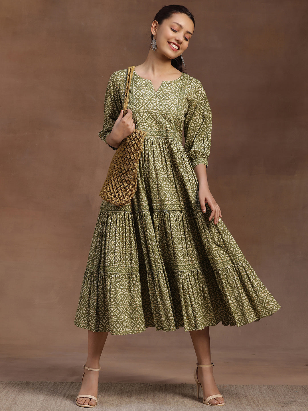 Green Printed Cotton A-Line Dress