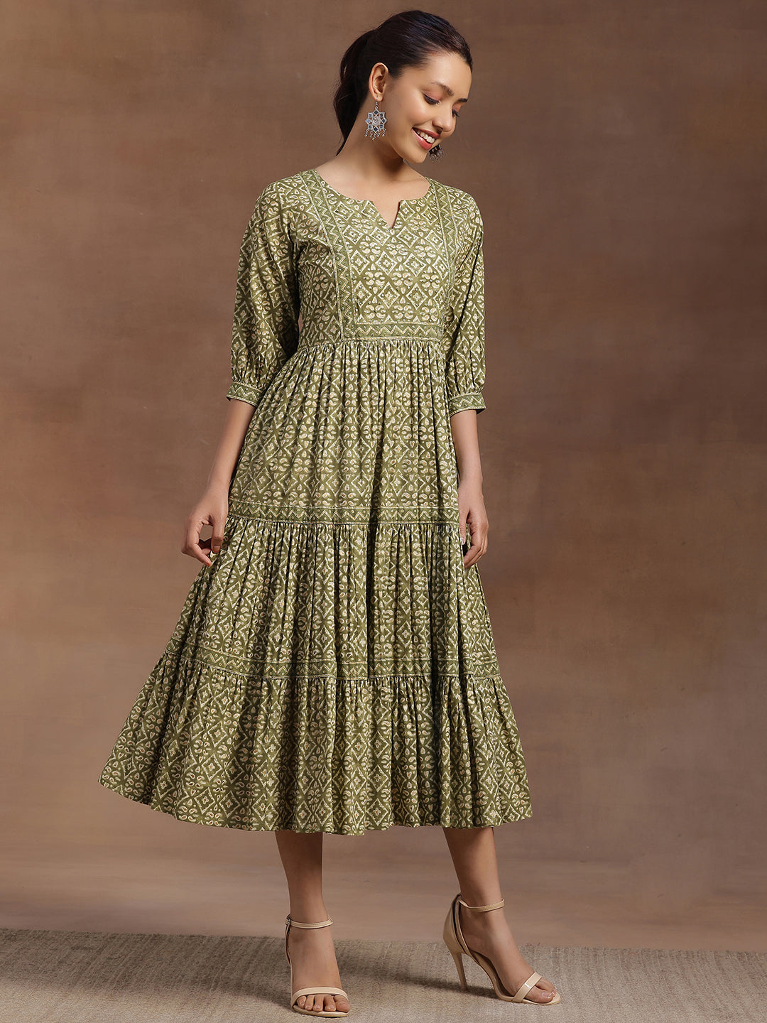 Green Printed Cotton A-Line Dress