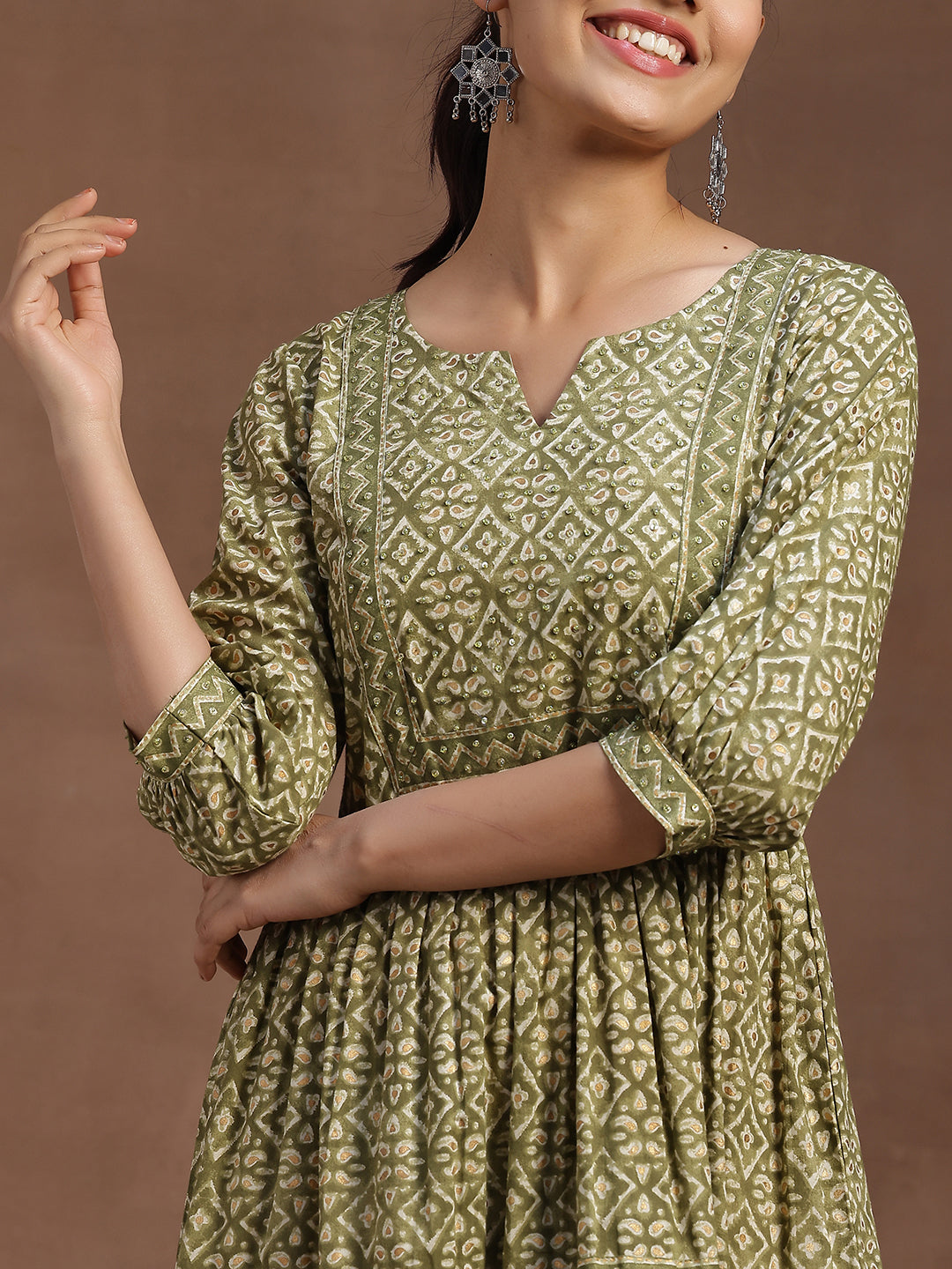 Green Printed Cotton A-Line Dress