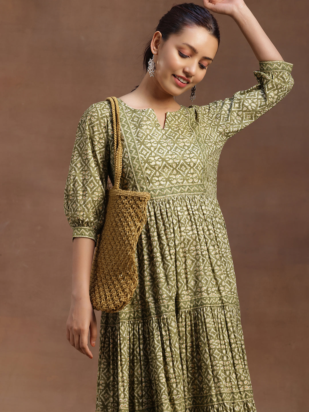 Green Printed Cotton A-Line Dress