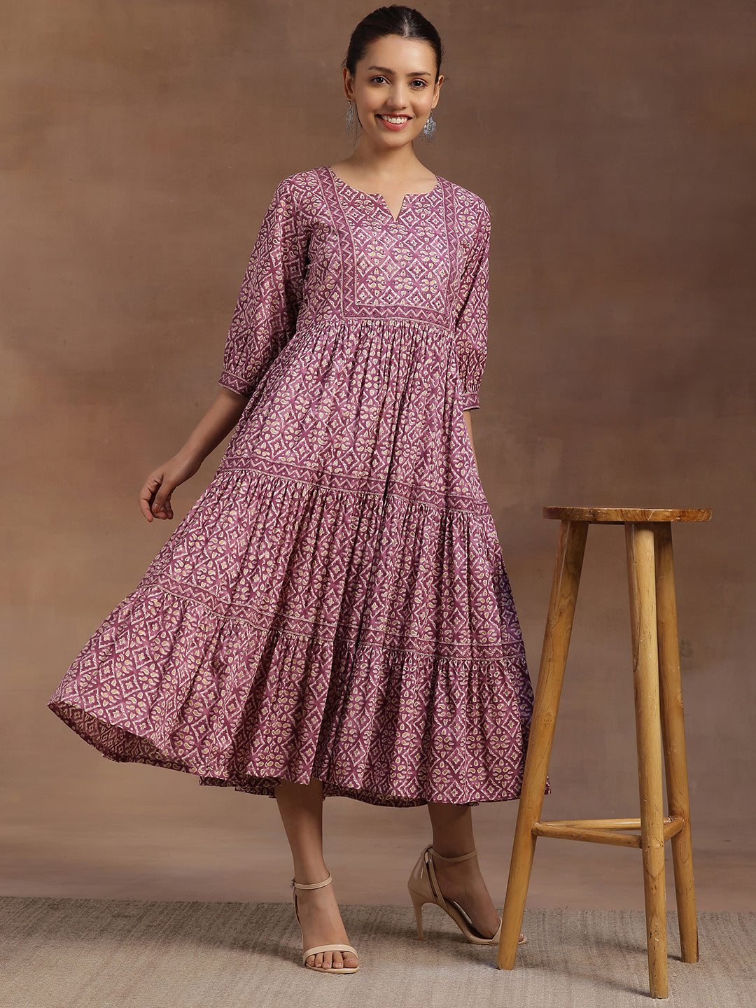 Purple Printed Cotton A-Line Dress