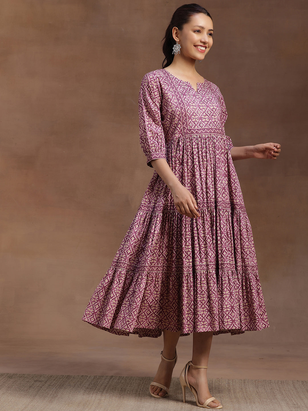 Purple Printed Cotton A-Line Dress