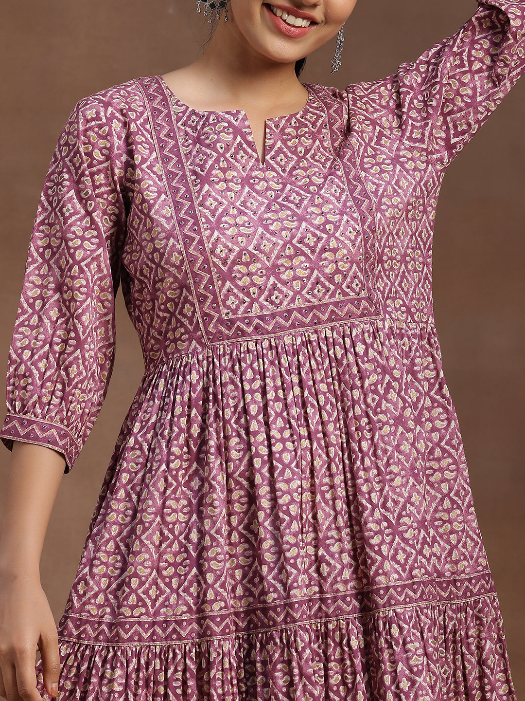 Purple Printed Cotton A-Line Dress