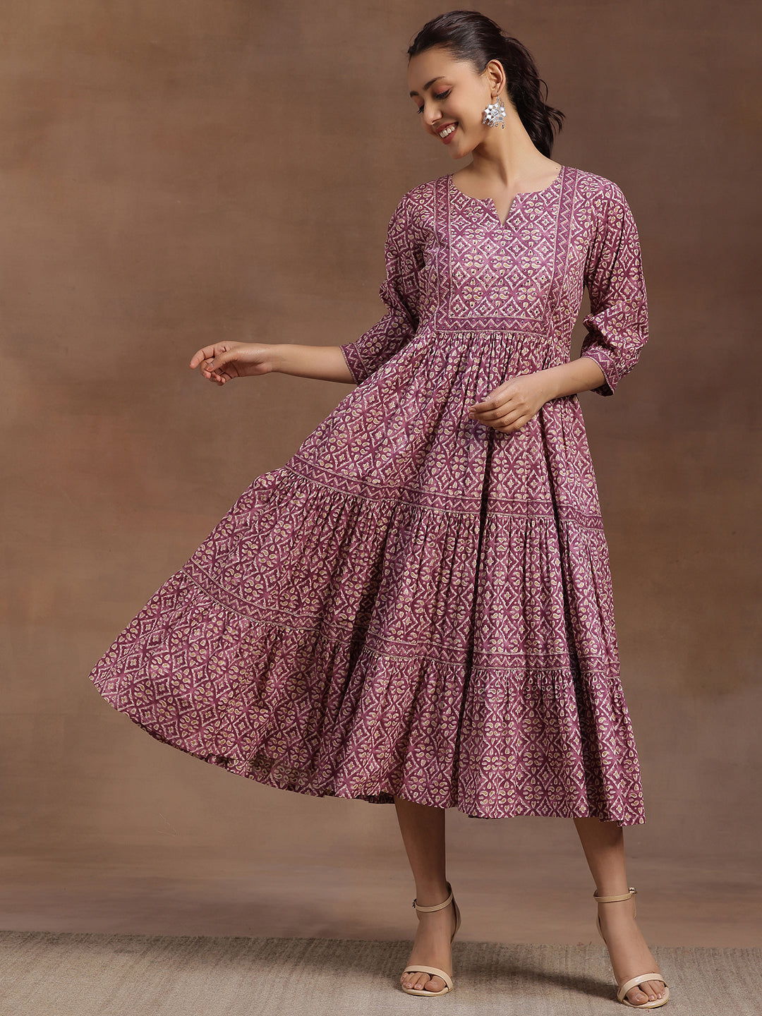 Purple Printed Cotton A-Line Dress