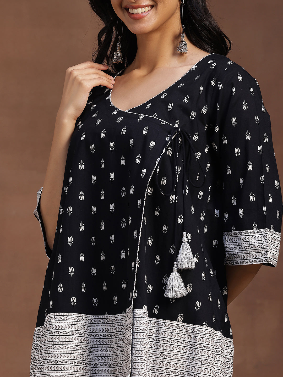 Black Printed Cotton A-line Kurti