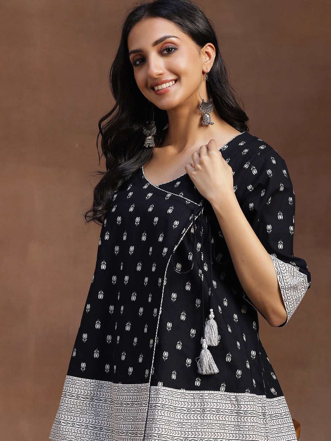 Black Printed Cotton A-line Kurti