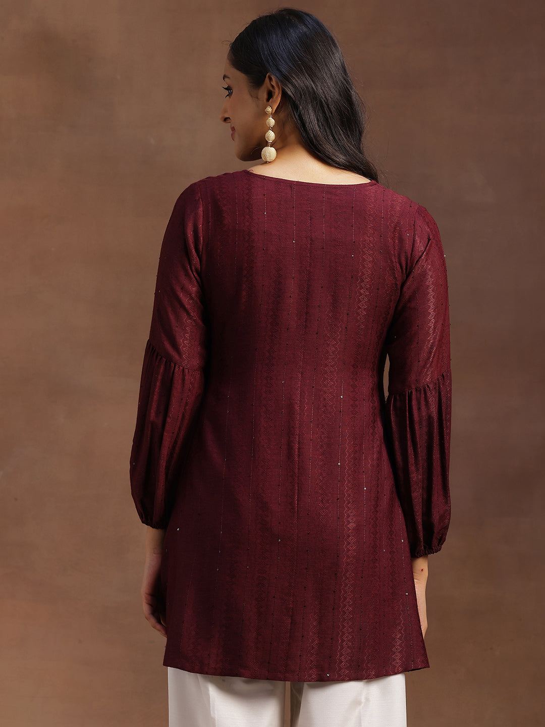 Wine Woven Design Silk Blend A-line Kurti