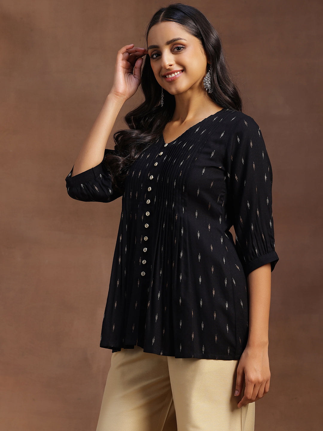 Black Woven Design Cotton Blend A-line Kurti