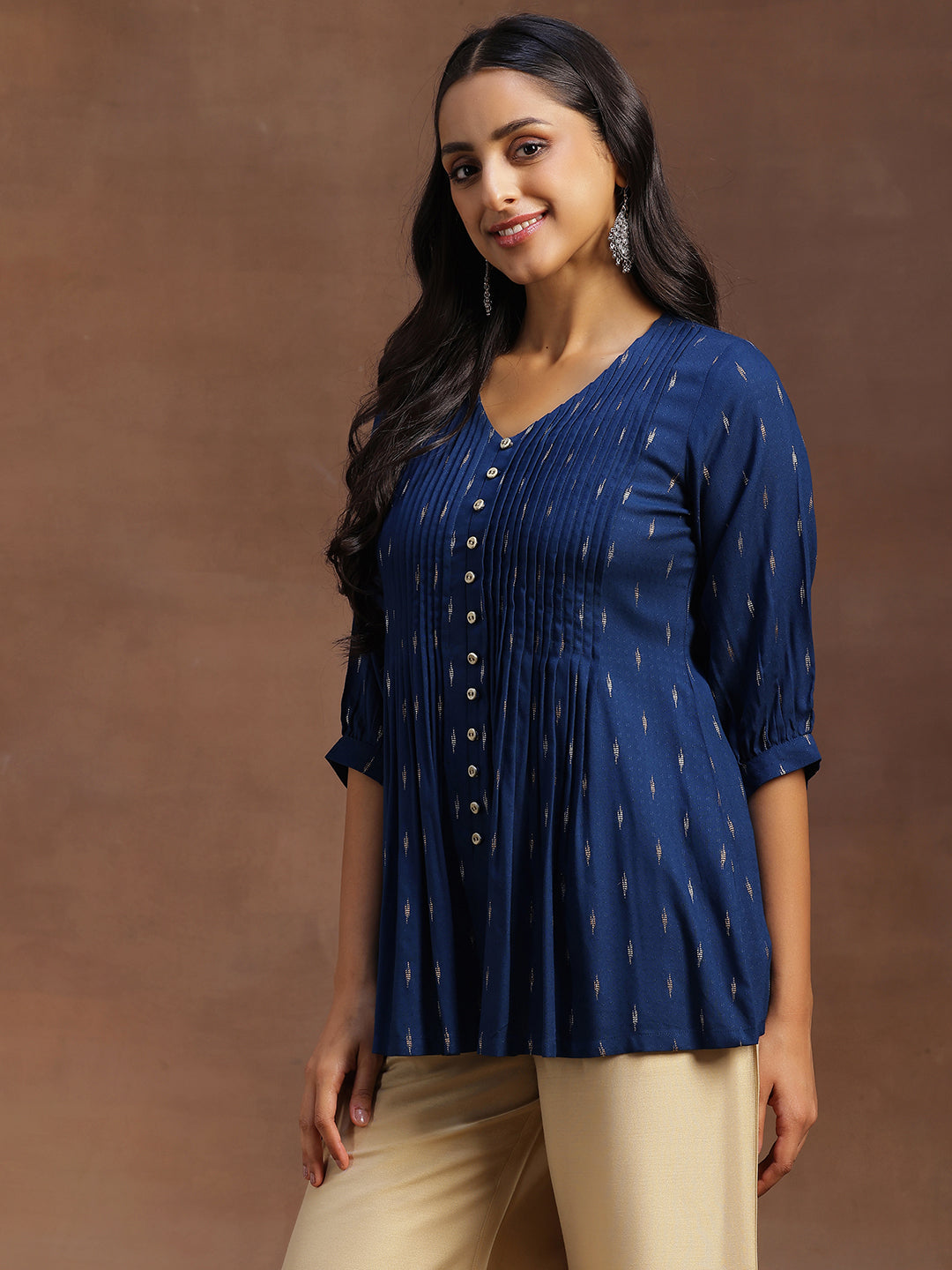 Blue Woven Design Cotton Blend A-line Kurti