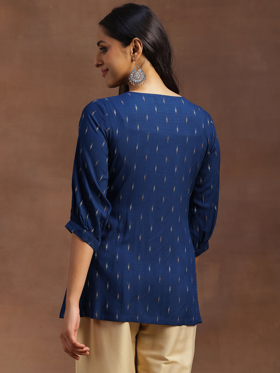 Blue Woven Design Cotton Blend A-line Kurti