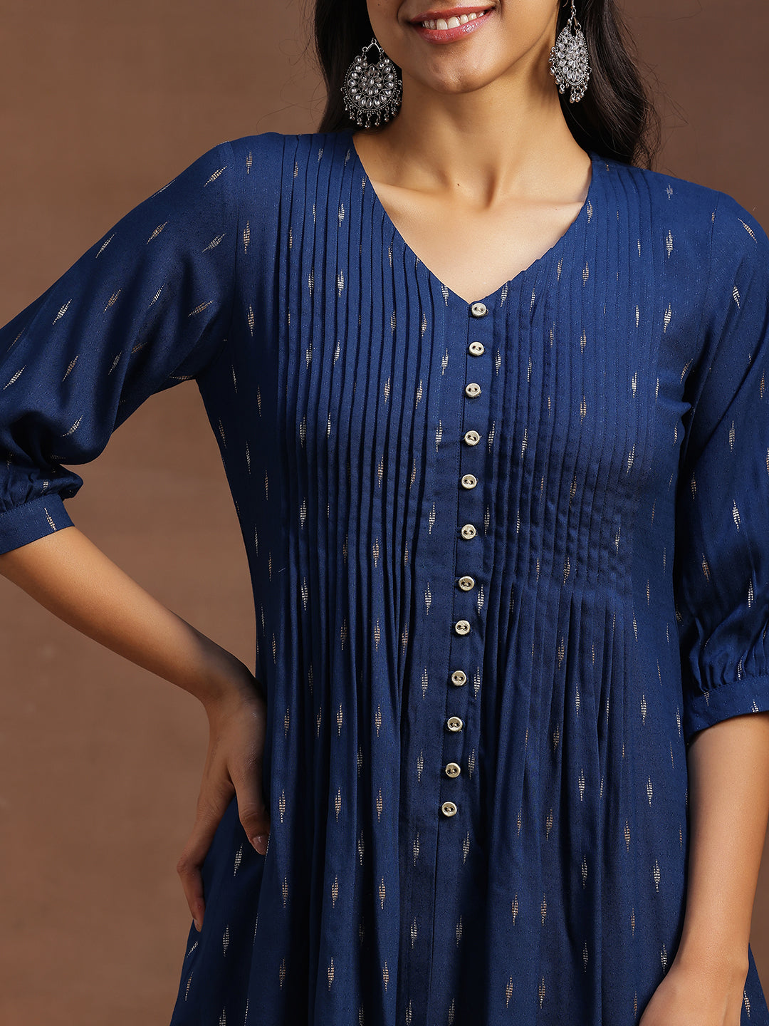 Blue Woven Design Cotton Blend A-line Kurti