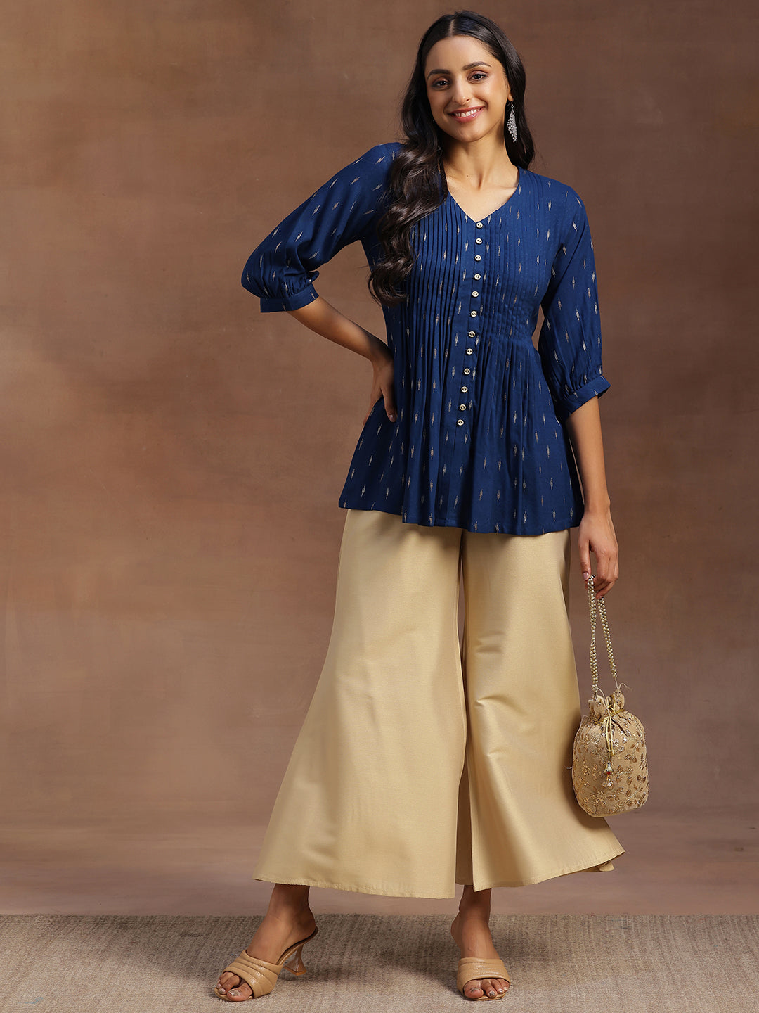 Blue Woven Design Cotton Blend A-line Kurti