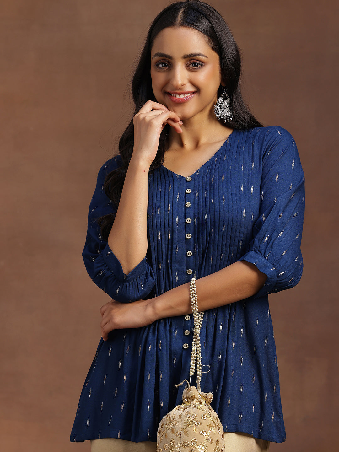 Blue Woven Design Cotton Blend A-line Kurti