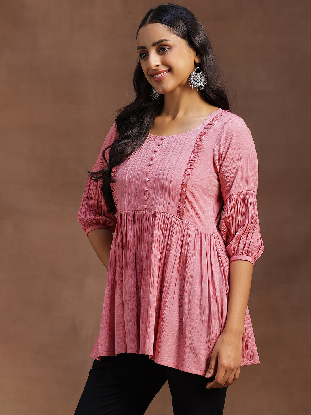 Pink Solid Silk Blend A-line Kurti