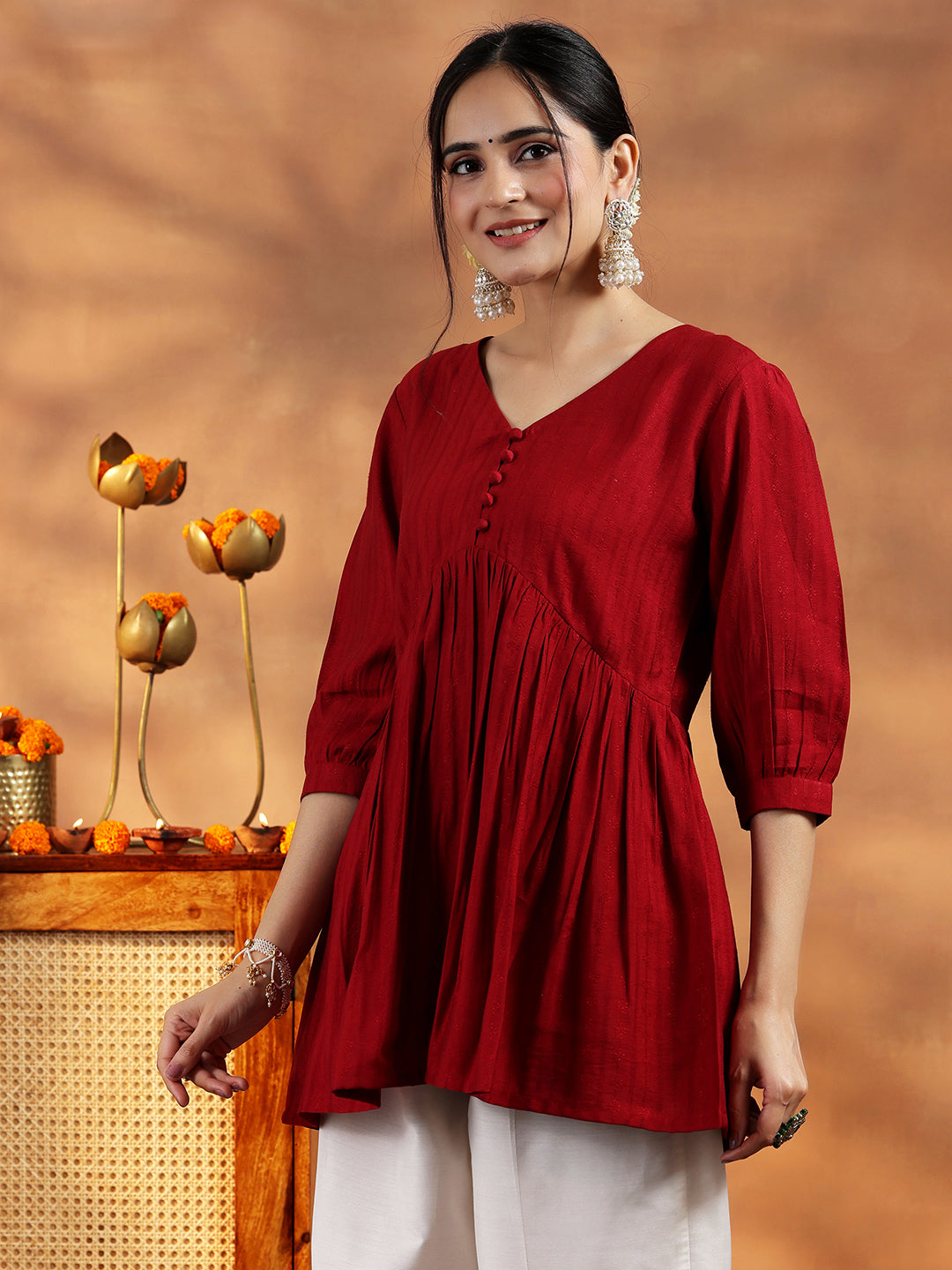 Red Woven Design Silk Blend A-line Kurti