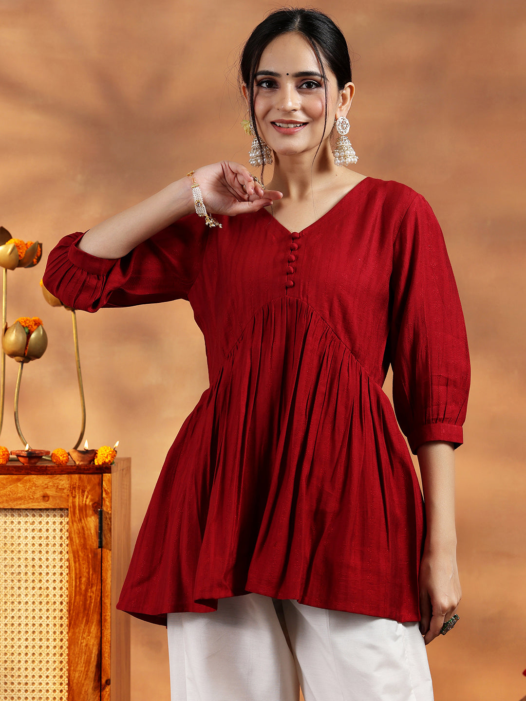 Red Woven Design Silk Blend A-line Kurti