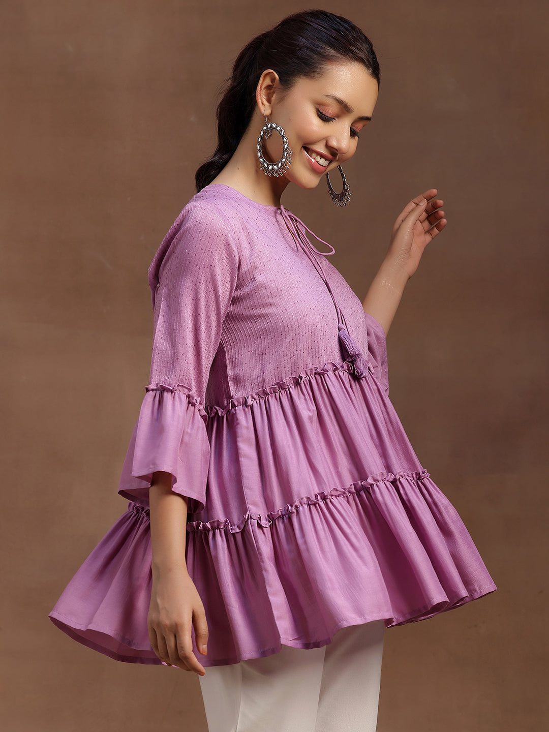 Lavender Embellished Silk Blend A-line Kurti